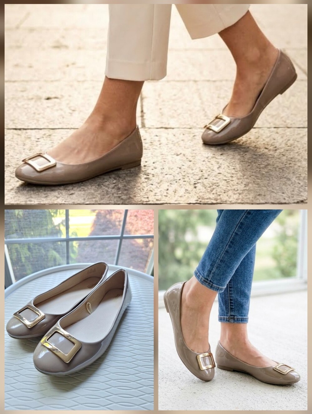 ❤️Capelli of NY Taupe Patent Ballet Flats Gold Buckle 🤍Size 9